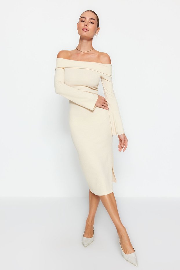 Beige Bodycon Ribbed Soft Textured Midi Stretchy Knitted Pencil Madonna Collar Dress Twoaw24El00803