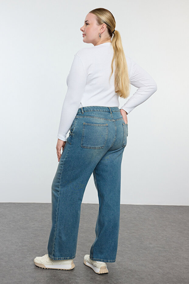 Niebieskie jeansy z wysokim stanem i szerokimi nogawkami, duże rozmiary Wide Leg Jeans TBBSS24CJ00048 - 5