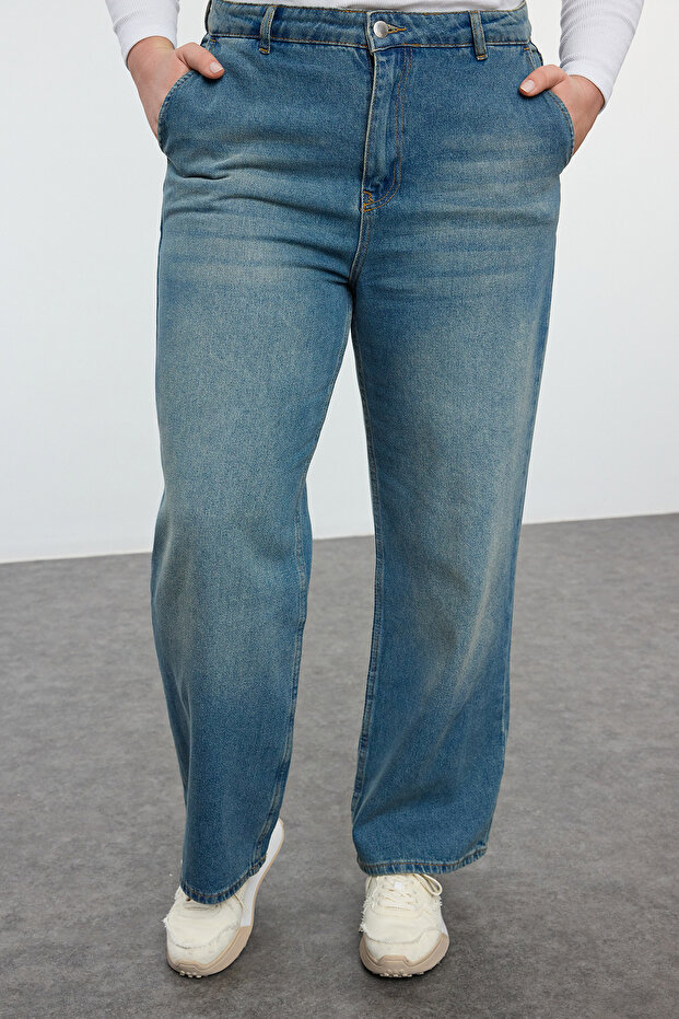 Niebieskie jeansy z wysokim stanem i szerokimi nogawkami, duże rozmiary Wide Leg Jeans TBBSS24CJ00048 - 3