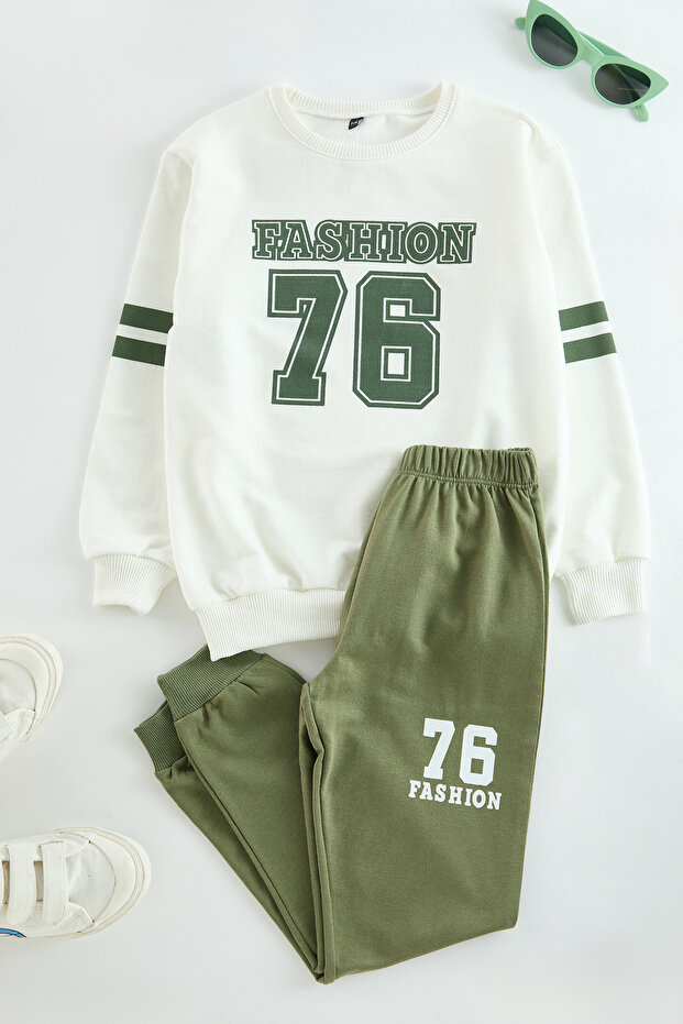 Ekru Pamuklu Slogan Baskılı Erkek Çocuk Örme Sweatshirt ve Eşofman Alt-Üst Takım TKDAW25AU00066 - 2