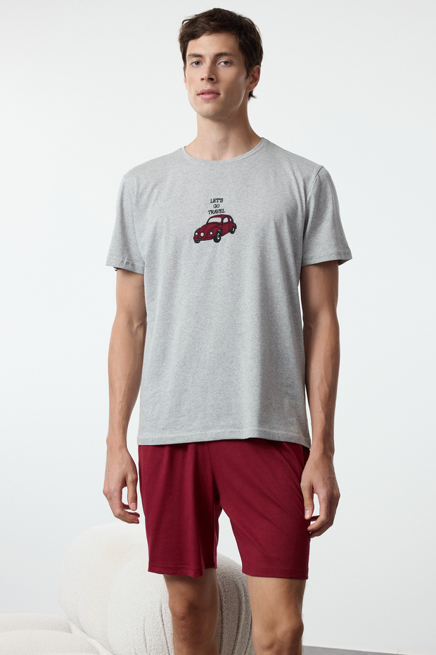 Gri - Bordo Regular Fit Nakışlı Örme 3 lü Pijama Takımı TMNAW25PT00024 - 4