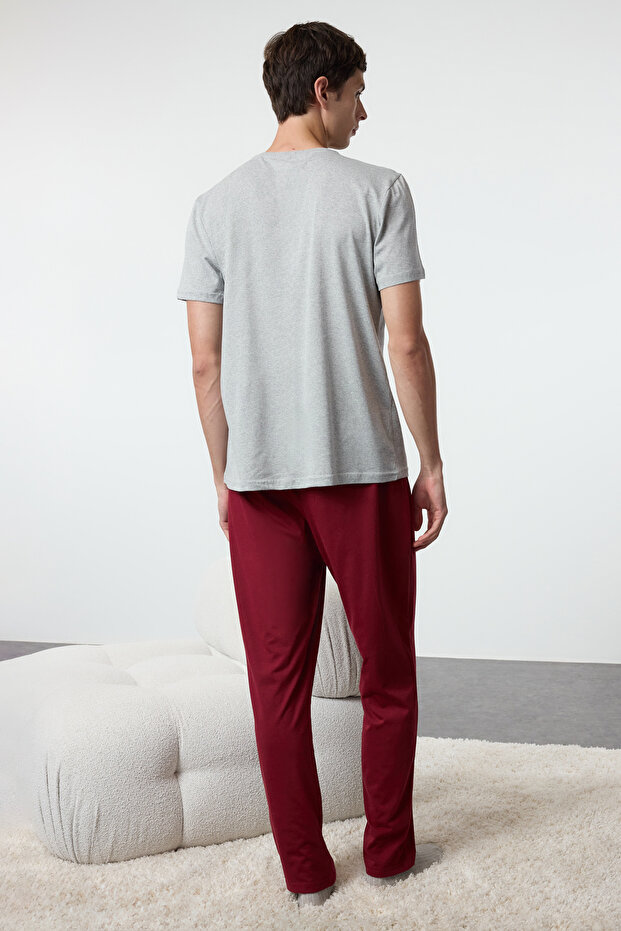 Gri - Bordo Regular Fit Nakışlı Örme 3 lü Pijama Takımı TMNAW25PT00024 - 7