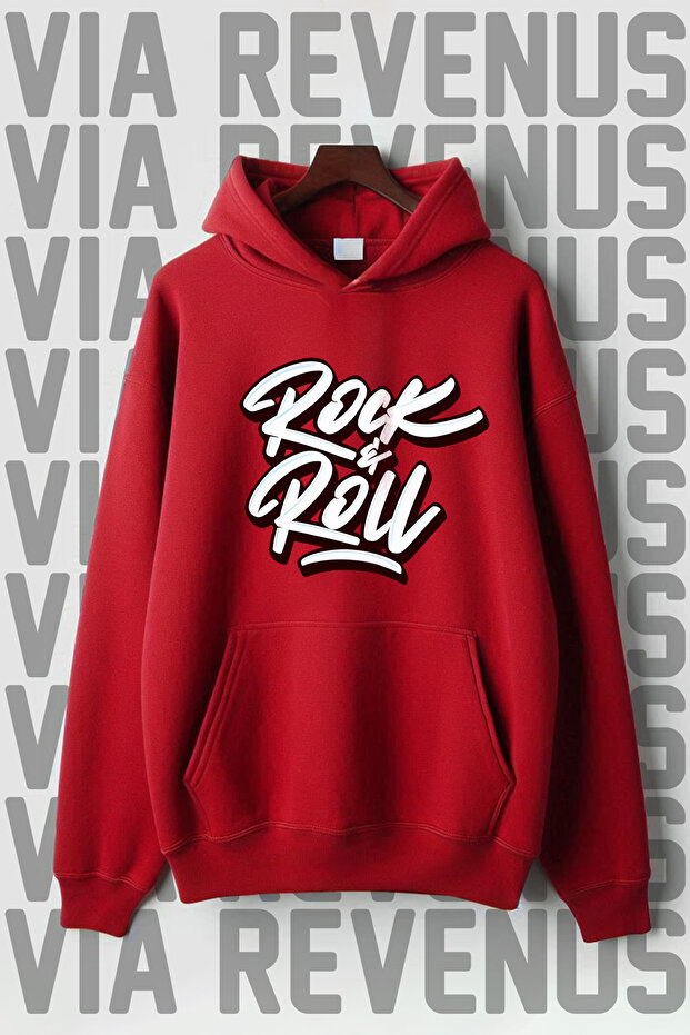 طباعة Rock n Roll - جيب الكنغر ذو 3 خيوط، سويت شيرت بغطاء للرأس بقصة واسعة