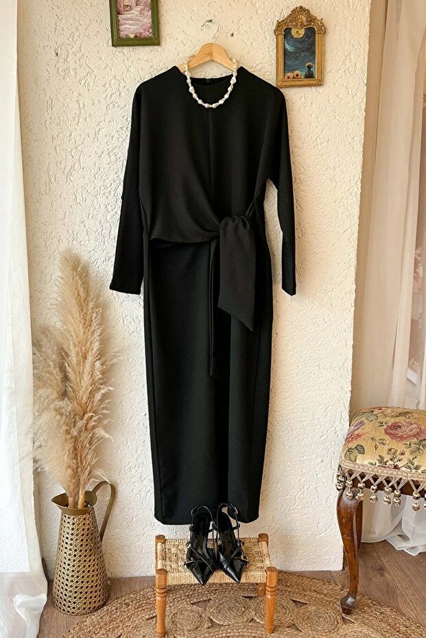 Black Front Tie Crepe Dress