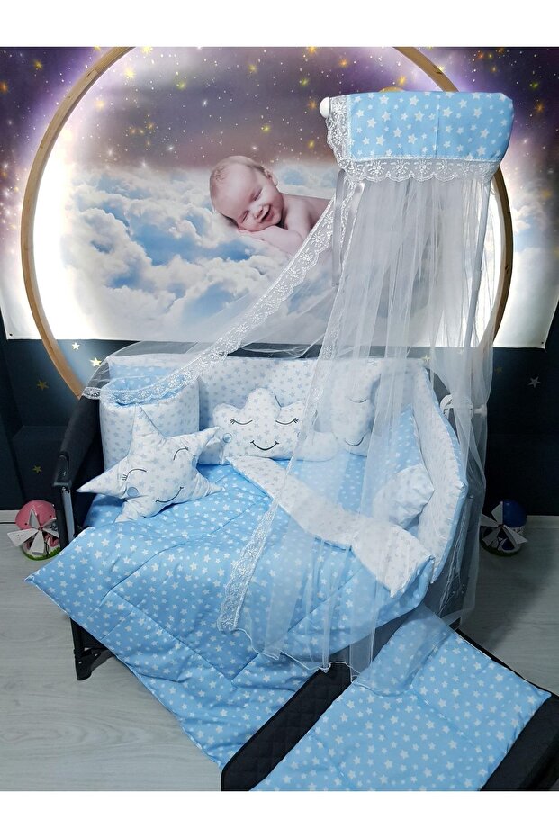 70x110 Baby Sleeping Set with Mosquito Net Star Pattern 12 Pieces Compatible with Park Cribs (crib Not Included)