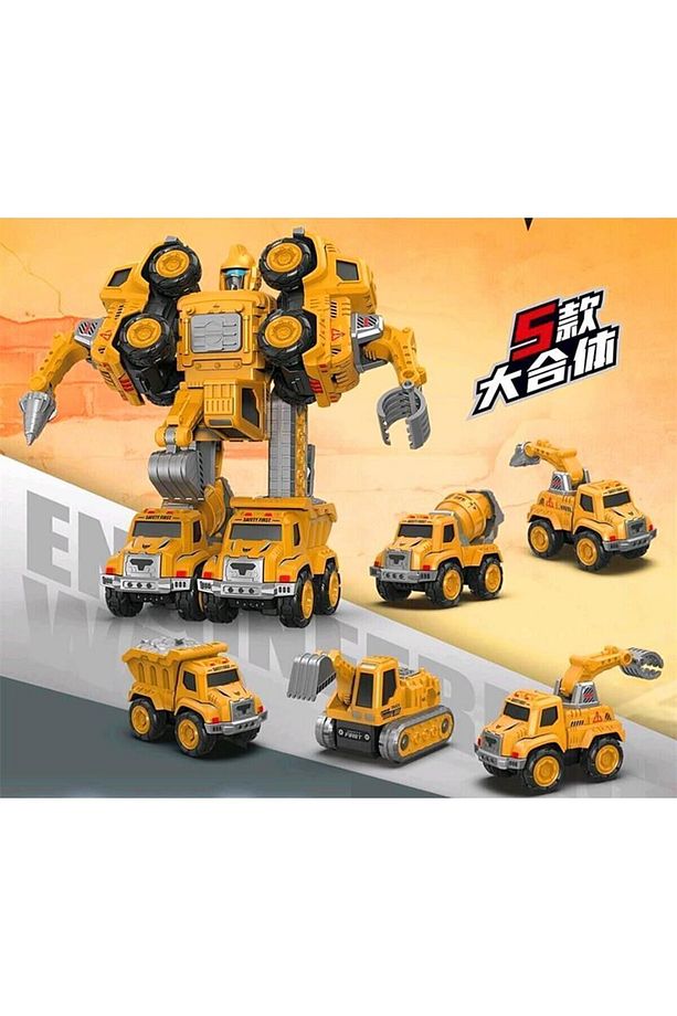 Kutulu 6'lı Metal İş Makineleri 0783-365, Birleşip Robot Olan 5'li Araba Seti - 8