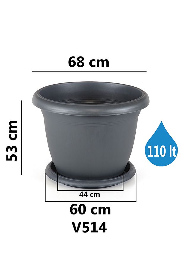 110 Litre Antrasit Gri Tabaklı Mat Plastik Dev Boy Yuvarlak Saksı - 2