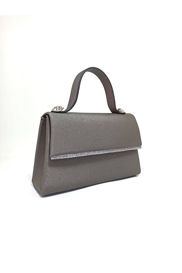 Women's gray satin mini evening bag with silver stone accessories