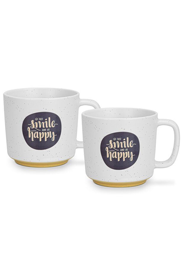 2-Piece Printed Coffee Mug 490mL ''SMILE HAPPY'', Ceramic Coffee Mug with Handle