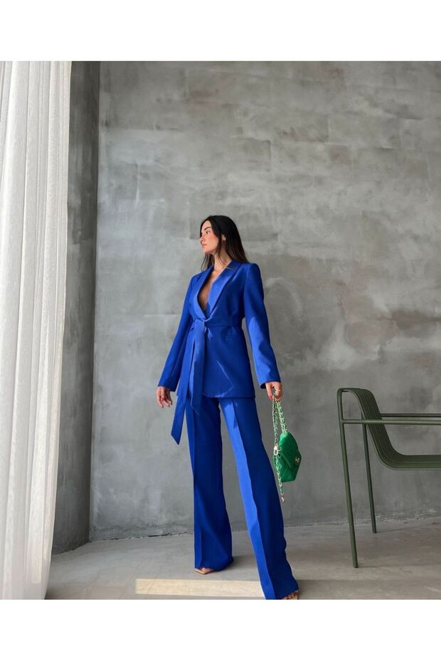 Women's Blue Belted Blazer Jacket and Wide-Leg Pants Set