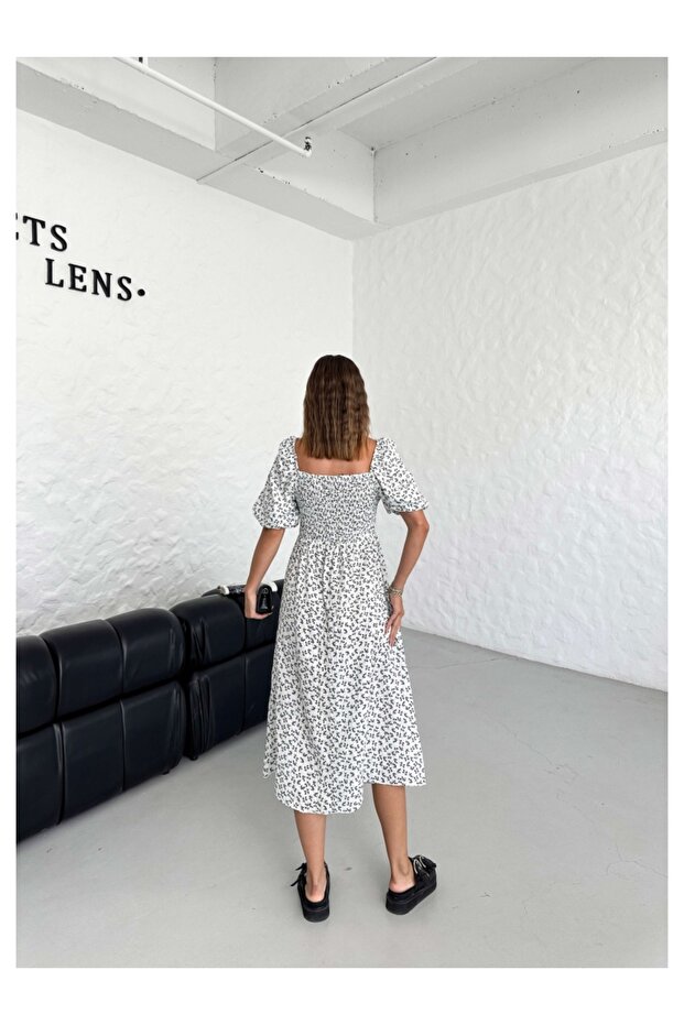 Siyah Çıtır Çiçekli Gipeli Elbise - 5