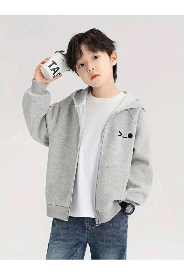 Boy's Gray Smile Printed Zippered Cardigan