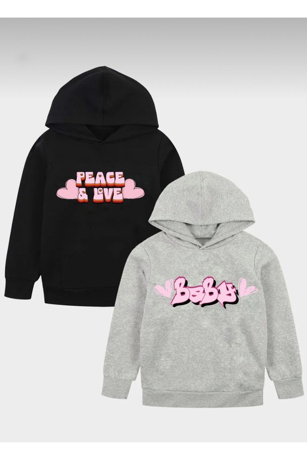 Girl's Hooded Black-Grey Peace Love-Baby Printed 2-Pack Sweatshirt
