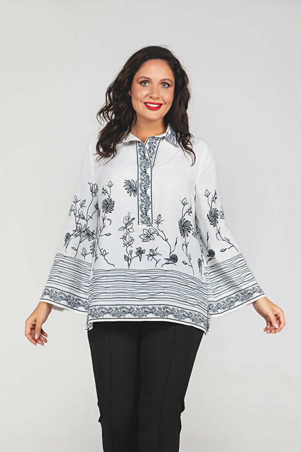 Embroidery Pattern Motif Large Placket Large Size Women's Shirt