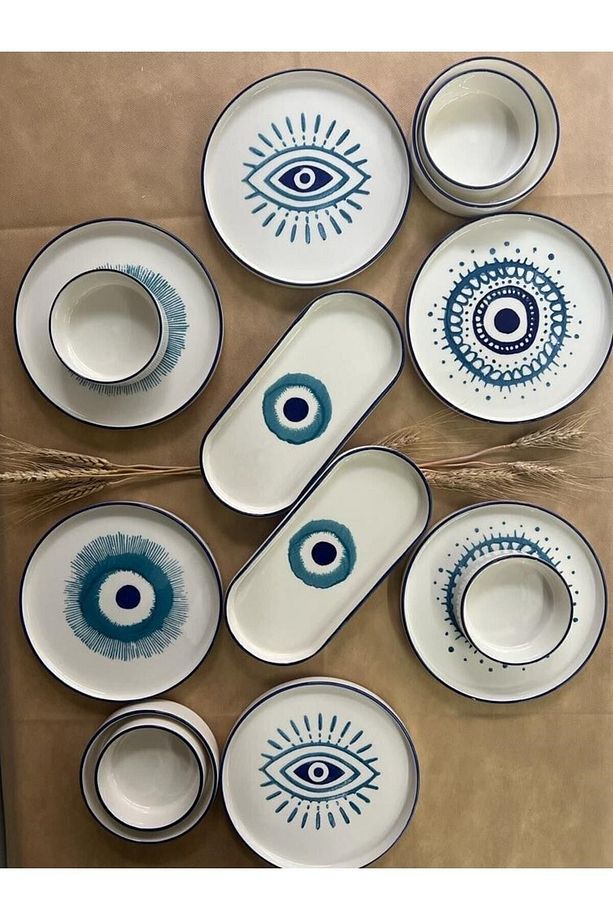 14 Parça 6 Kişilik Stackable Evil Eyes Handmade Kahvaltı Seti. Lüx Kahvaltılık Takımı - 7
