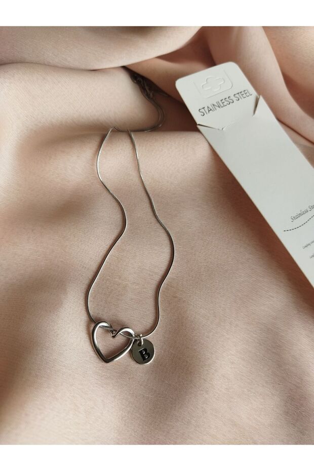 Stainless Steel Silver Color Snake Chain Heart Necklace with Letter