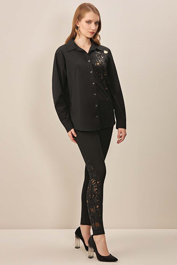 Dar Paça Siyah Örme Tayt - 1