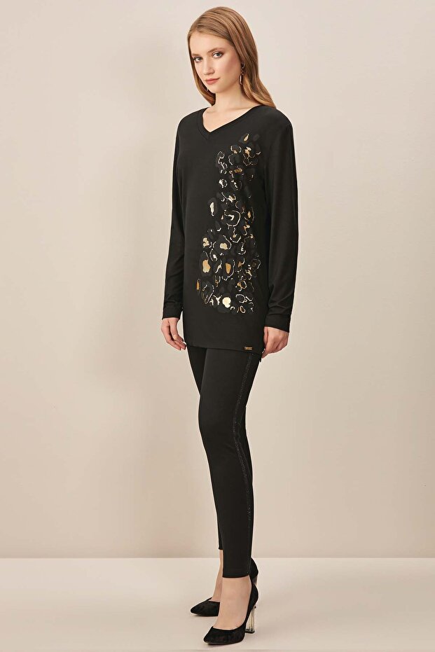 Dar Paça Siyah Örme Tayt - 1