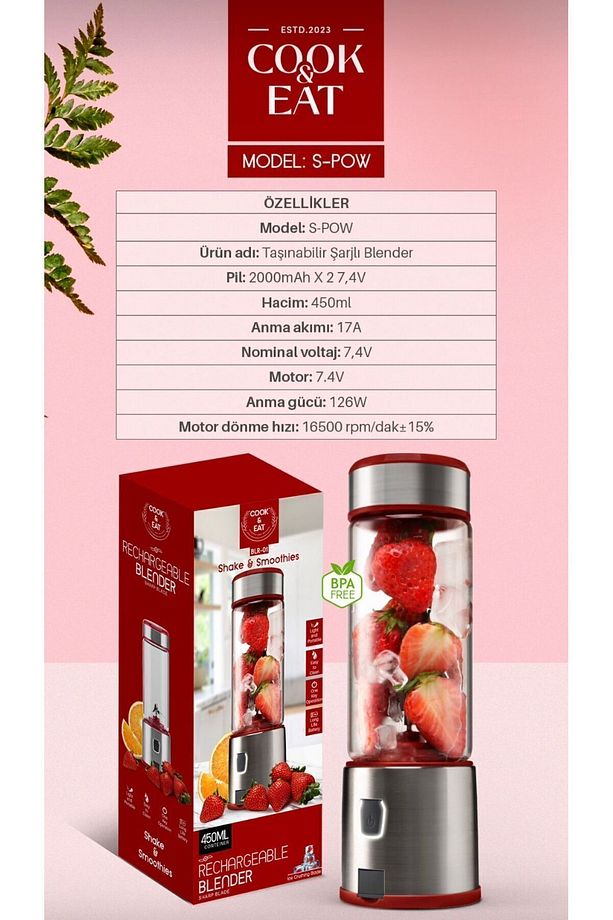 450 Ml Taşınabilir Metal Kişişel Blender Shake'n Smoothies Blender Keskin Bıçaklı - 4