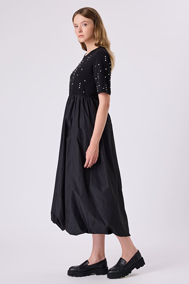 Taşlı balon etek elbise - 4