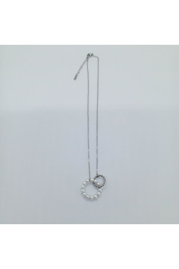 Çelik Silver İç İçe İnci Halka Kolye - 3