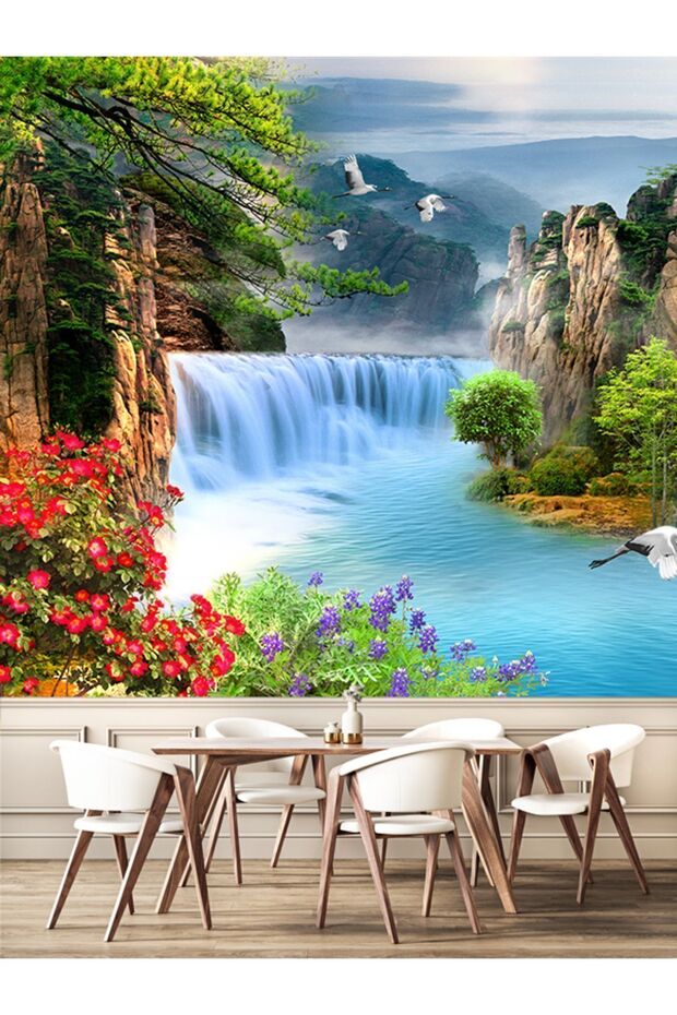 şelale duvar kağıdı, deniz, kuşlar, doğa, çiçekler, manzara, Tek parça, tekstil duvar kağıdı - 5