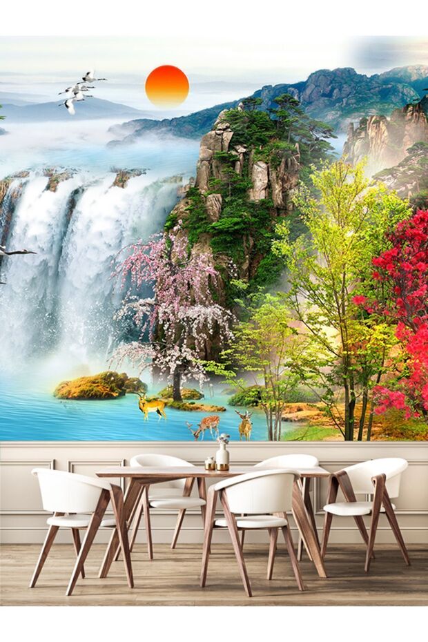 şelale duvar kağıdı, deniz, kuşlar, doğa, çiçekler, manzara, Tek parça, tekstil duvar kağıdı - 3