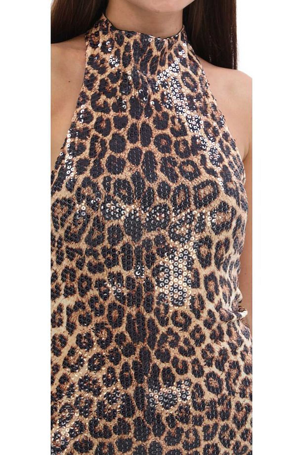 Leopar desenli balıkçıl yaka pulpayet işlemeli elbise - 4