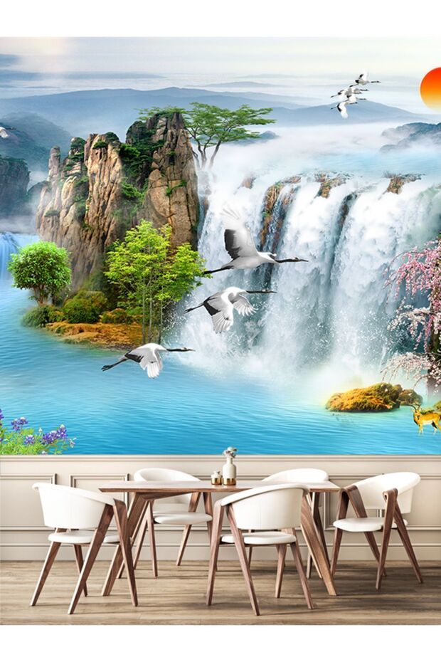 şelale duvar kağıdı, deniz, kuşlar, doğa, çiçekler, manzara, Tek parça, tekstil duvar kağıdı - 4