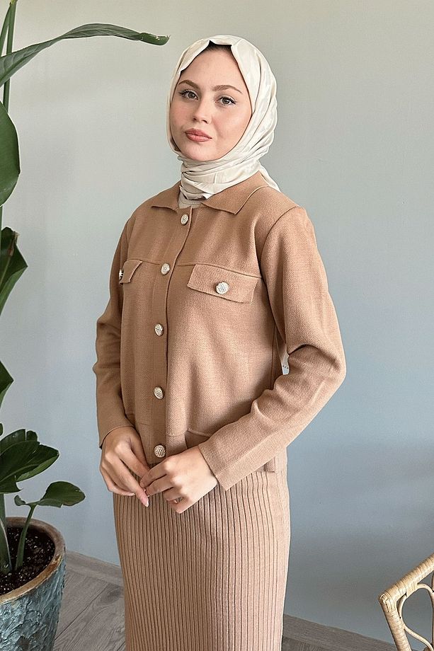 Ceketli Elbiseli Camel Triko Takım - 4