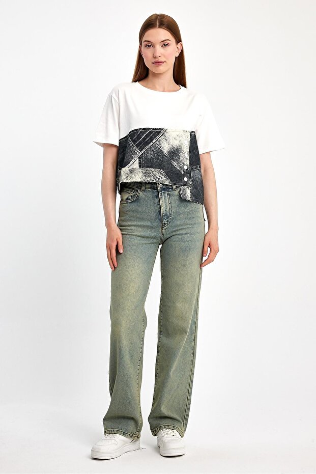 Denim Parçalı Tişört - 1