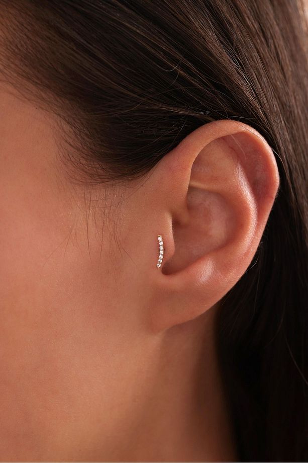 14 Ayar Altın Taşlı Slim Line Tragus Küpe - 1