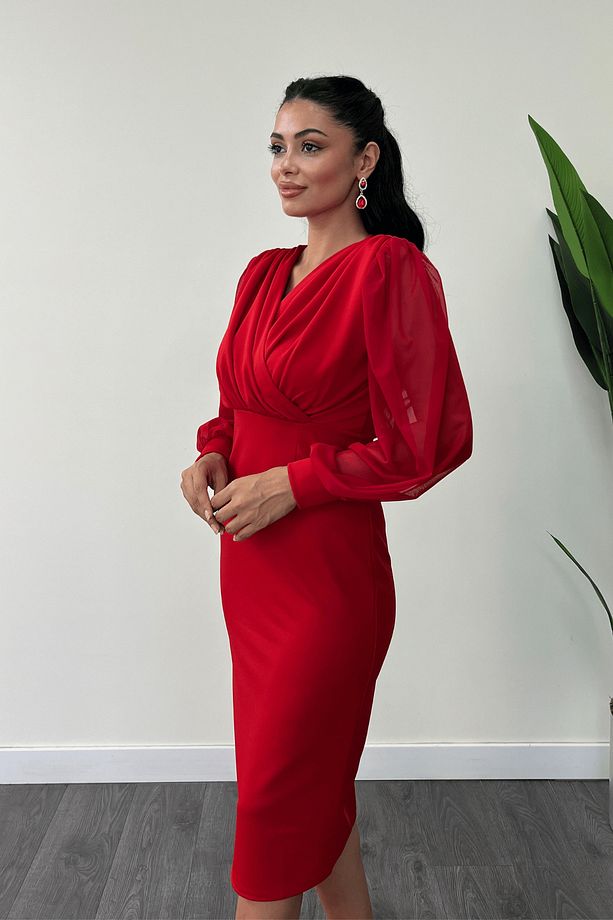 Krep Kumaş Kollar Tül Kalem Elbise - Kırmızı - 4