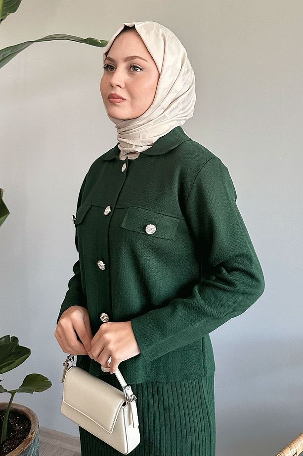 Ceketli Elbiseli Zümrüt Triko Takım - 5