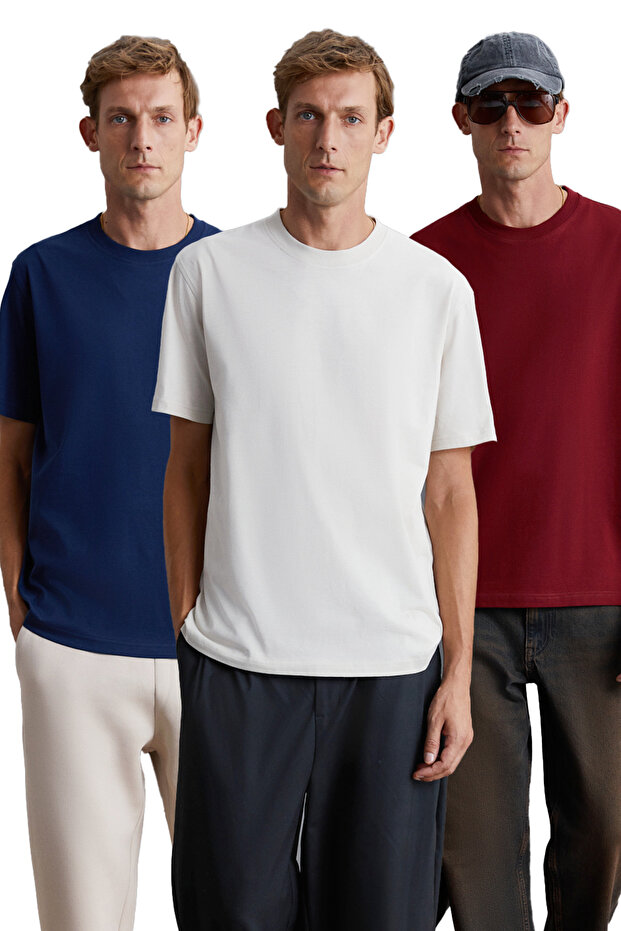 Cultivated men's 3-pack thick textured regular 100% organic cotton burgundy/gray t-shirt