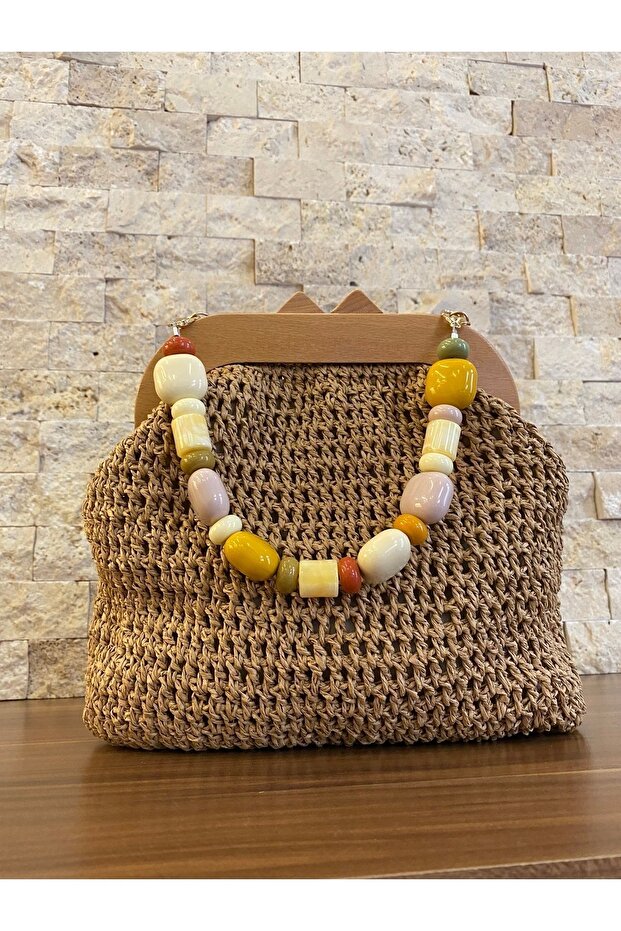 Ahşap Burslu Hasır Çanta - 4