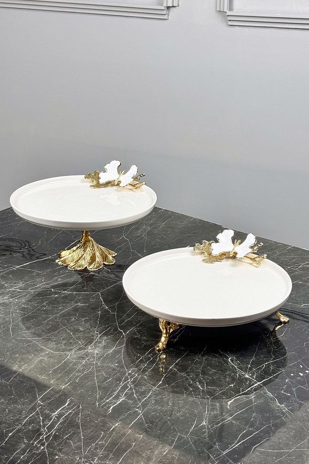 White Butterfly 2'Li Gold Ayaklı Porselen Tabak Seti - 1