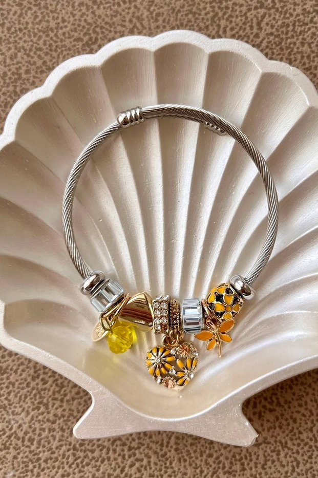8042 Family Tree, Yellow Daisy Silver Color Steel Bracelet