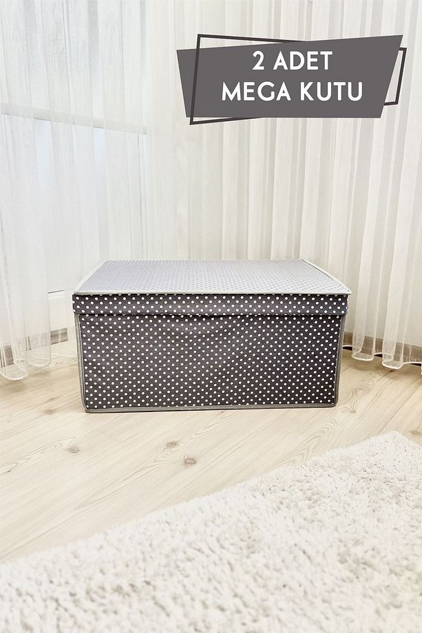 2 Adet Mega Çok Amaçlı Saklama Kutusu Hurç Organize Oyuncak Kutusu Hurç Gri Puantiye Desen 40x60x30 - 1