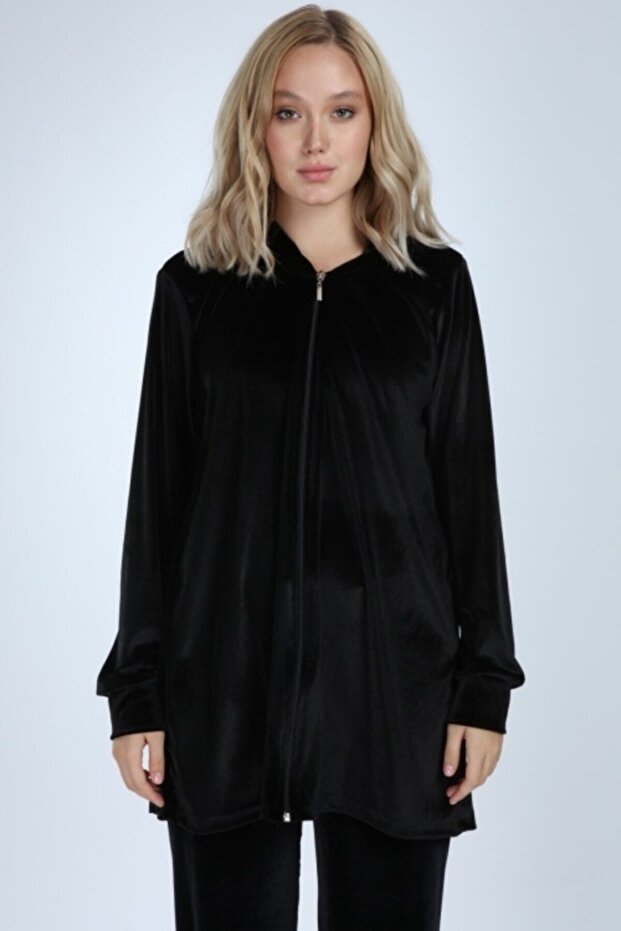 Women's Black Wide Leg Long Velvet Suit