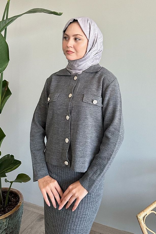 Ceketli Elbiseli Gri Triko Takım - 5
