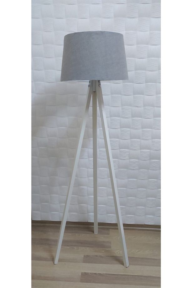 3 Ayaklı Ahşap Tripod Üç Ayaklı Lambader Beyaz Ayak Gri Başlık - 1