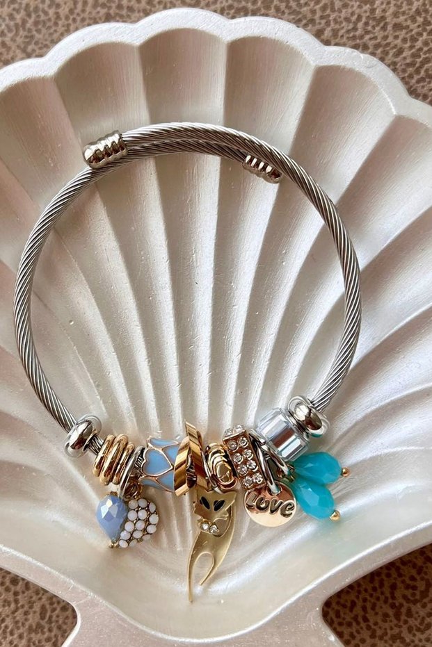 8000 Kedi, Love Dangle Silver Color Steel Bracelet
