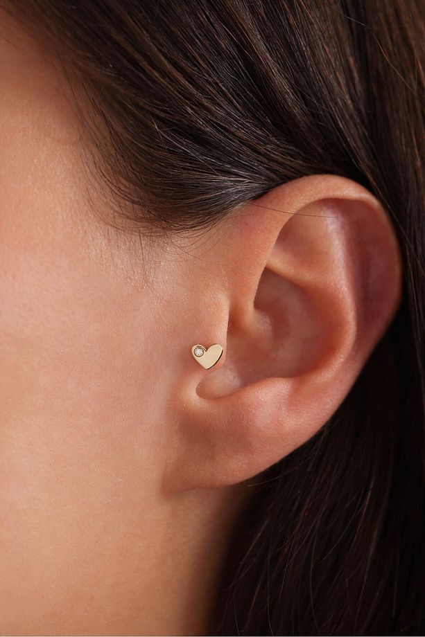 14 Ayar Altın Tek Taşlı Kalp Tragus Küpe - 1