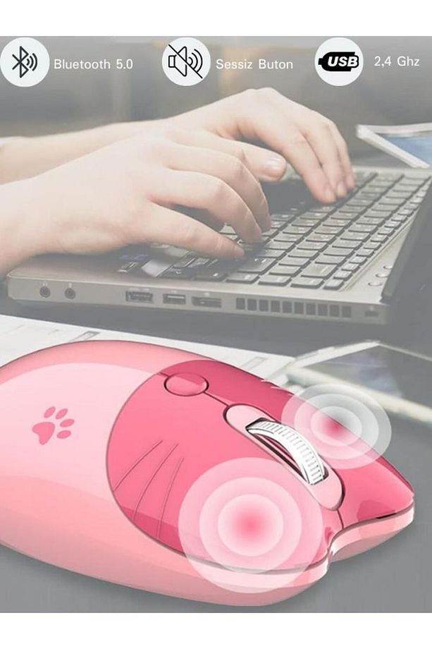 Sevimli Kedi Kablosuz Pembe Mouse Bluetooth + 2.4G Dual Mode - 8