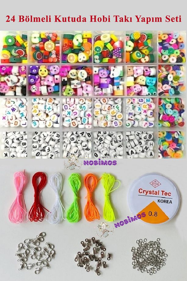 24 Bölme Kutulu Harf Boncuk ve Fimo Boncuk İpli ve Misinalı Takı Aparatlı Set - Takı Yapım Seti-5 - 1