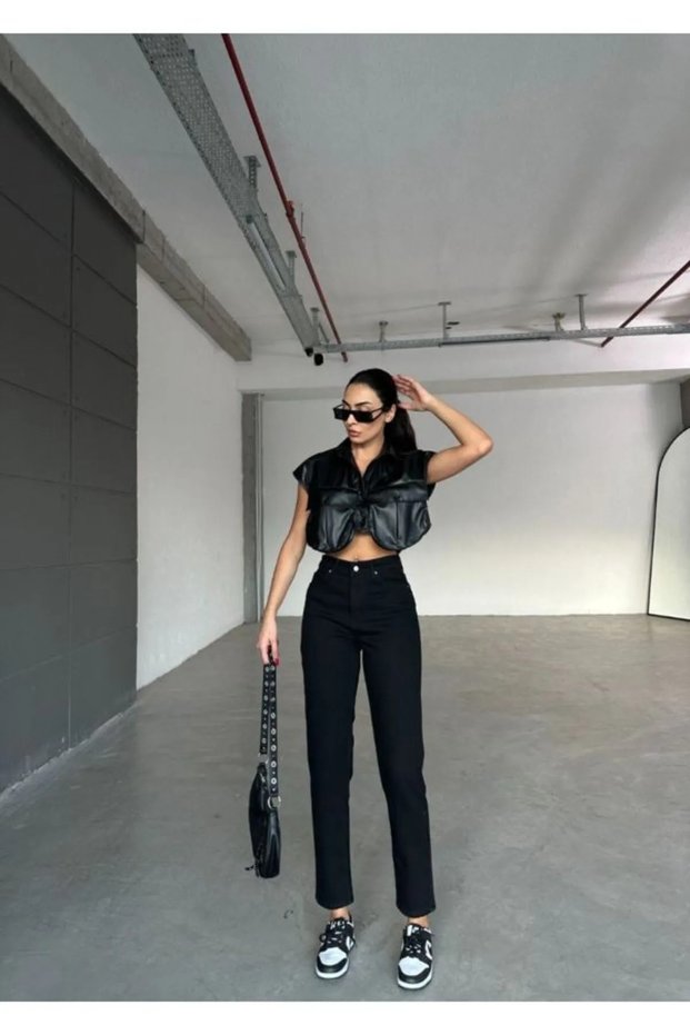 Mami̇ Black Colorfast Mom Jean Women's Boyfriend High Waist Power Lycra