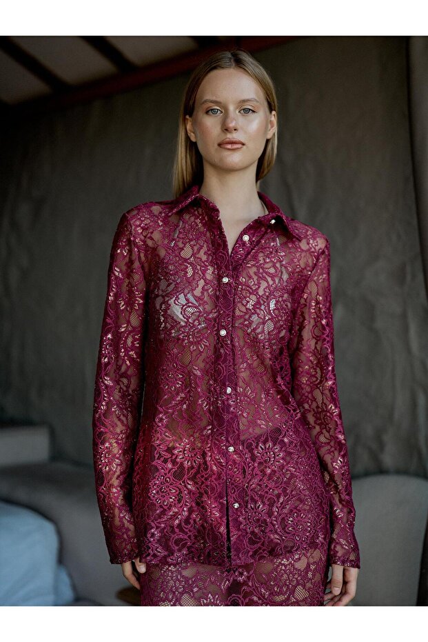 Varaklı Dantel Mor Gömlek - 4