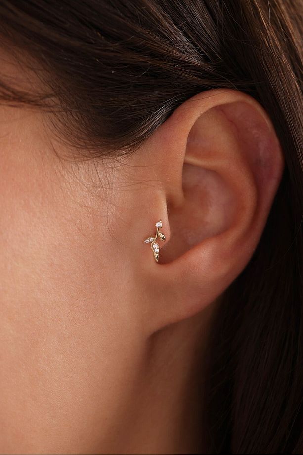 14 Ayar Altın Taşlı Dallı Yaprak Tragus Küpe - 1