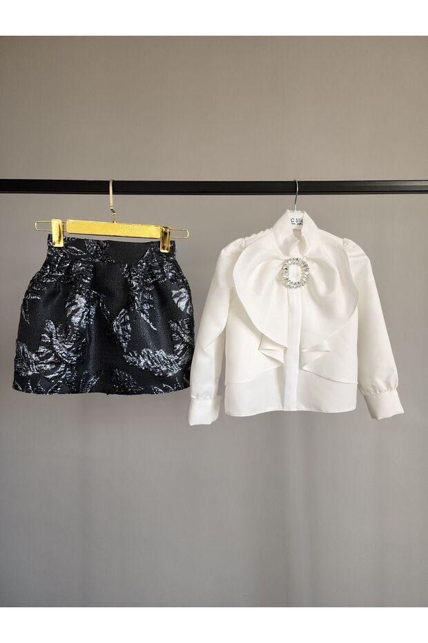 WHITE BUCKLE SHIRT BLACK BROCKAR SKIRT CHILDREN'S SET